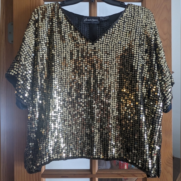 Jewel Queen Tops - Vintage Gold Sequin Top, Size L